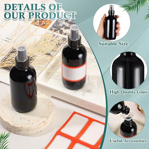 Fumete 2 قطعة زجاجات رذاذ زجاجية 4oz زجاجة رذاذ زجاجية دقيقة حاويات سائلة قابلة لإعادة الملء مع ملصق واحد وقمع واحد للشعر والسفر والنباتات وحلول التنظيف والعناية بالبشرة (أسود) in Saudi Arabia
