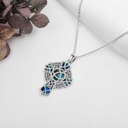 Celtic Cross Necklace S925 Sterling Silver Celtic Knot Cross Abalone Pendant Necklace Celtic Cross Jewelry Gifts for Women Men in Saudi Arabia