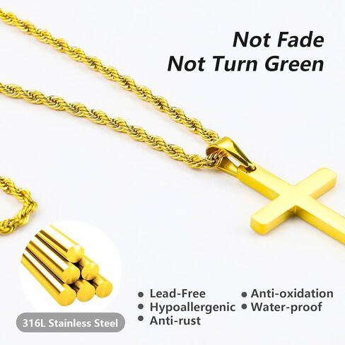 Cross Necklace for Men,Rope Chain Gold/Silver Stainless Steel Pendant Jewelry Gift, 18-26 Inch in Saudi Arabia