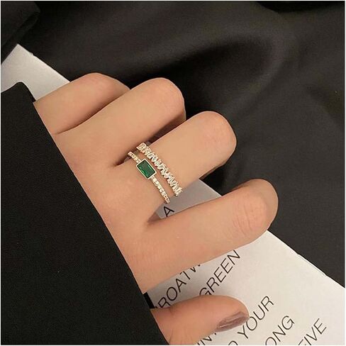 W WEILIRIAN Vintage Square Emerald Ring Emerald Crystal Knuckle Ring Rhinestone Stacking Ring Emerald Gemstone Finger Ring Layered Green Cz Open Ring Gold Adjustable Ring Wedding Band Ring for Women in Saudi Arabia