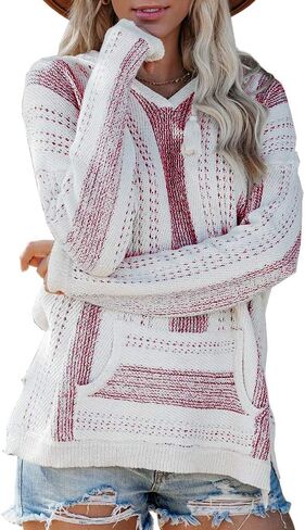Saodimallsu Womens V Neck Hooded Sweaters Striped Loose Long Sleeve Lightweight Pullover Knit Jumper with Pocket in Saudi Arabia