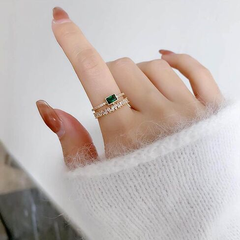 W WEILIRIAN Vintage Square Emerald Ring Emerald Crystal Knuckle Ring Rhinestone Stacking Ring Emerald Gemstone Finger Ring Layered Green Cz Open Ring Gold Adjustable Ring Wedding Band Ring for Women in Saudi Arabia