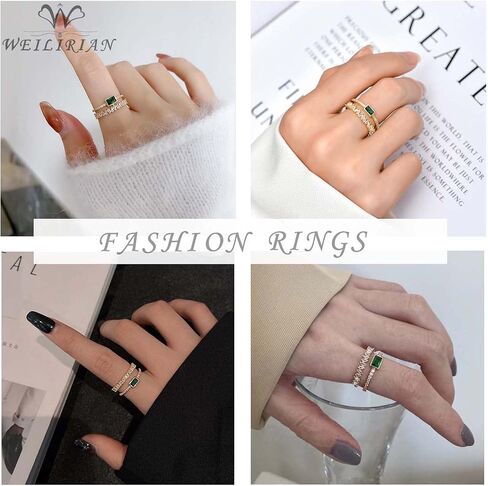 W WEILIRIAN Vintage Square Emerald Ring Emerald Crystal Knuckle Ring Rhinestone Stacking Ring Emerald Gemstone Finger Ring Layered Green Cz Open Ring Gold Adjustable Ring Wedding Band Ring for Women in Saudi Arabia