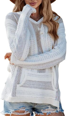 Saodimallsu Womens V Neck Hooded Sweaters Striped Loose Long Sleeve Lightweight Pullover Knit Jumper with Pocket in Saudi Arabia