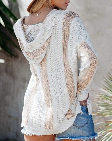 Saodimallsu Womens V Neck Hooded Sweaters Striped Loose Long Sleeve Lightweight Pullover Knit Jumper with Pocket in Saudi Arabia