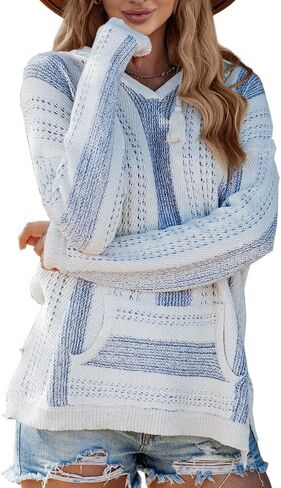 Saodimallsu Womens V Neck Hooded Sweaters Striped Loose Long Sleeve Lightweight Pullover Knit Jumper with Pocket in Saudi Arabia