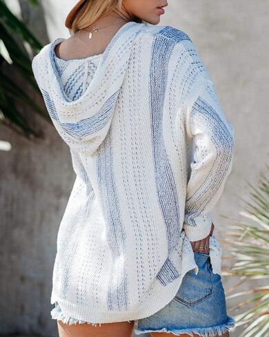 Saodimallsu Womens V Neck Hooded Sweaters Striped Loose Long Sleeve Lightweight Pullover Knit Jumper with Pocket in Saudi Arabia