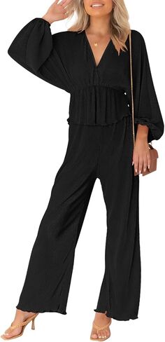 Viottiset Women's 2 Piece Outfits Pleated Loungewear Wide Leg Pants Sweatsuit V Neck Lounge Set in Kuwait