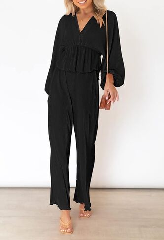 Viottiset Women's 2 Piece Outfits Pleated Loungewear Wide Leg Pants Sweatsuit V Neck Lounge Set in Kuwait