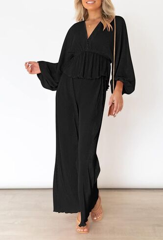 Viottiset Women's 2 Piece Outfits Pleated Loungewear Wide Leg Pants Sweatsuit V Neck Lounge Set in Kuwait