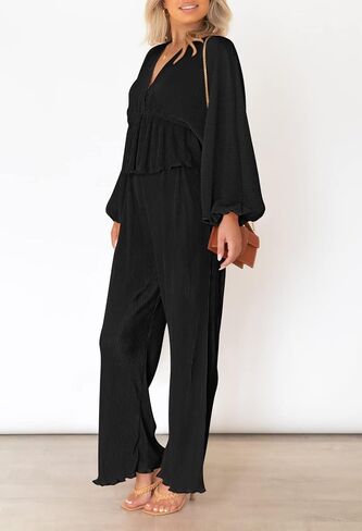 Viottiset Women's 2 Piece Outfits Pleated Loungewear Wide Leg Pants Sweatsuit V Neck Lounge Set in Kuwait