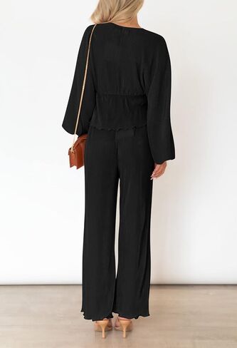 Viottiset Women's 2 Piece Outfits Pleated Loungewear Wide Leg Pants Sweatsuit V Neck Lounge Set in Kuwait