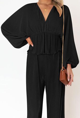 Viottiset Women's 2 Piece Outfits Pleated Loungewear Wide Leg Pants Sweatsuit V Neck Lounge Set in Kuwait