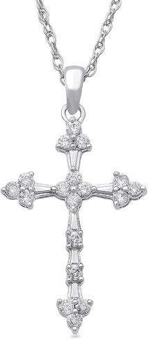 Jewelili 10K الذهب 1/4 Cttw الأبيض الطبيعي جولة الماس قلادة الصليب، 18 "سلسلة حبل in Saudi Arabia