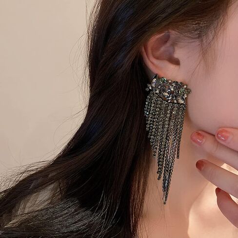 Rumtock Metal Black Rhinestones Tassels Earrings Chandelier Long Drop Earrings for Women Girls Bling Jewelry for Party Wedding Prom in Kuwait