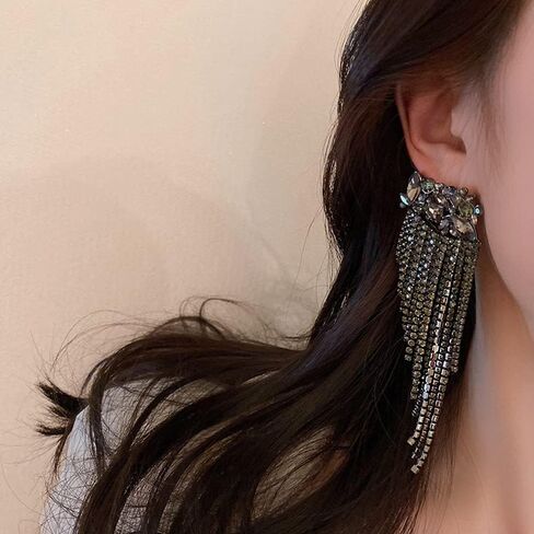 Rumtock Metal Black Rhinestones Tassels Earrings Chandelier Long Drop Earrings for Women Girls Bling Jewelry for Party Wedding Prom in Kuwait