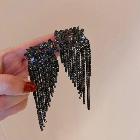 Rumtock Metal Black Rhinestones Tassels Earrings Chandelier Long Drop Earrings for Women Girls Bling Jewelry for Party Wedding Prom in Kuwait