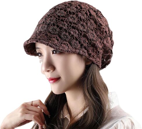 Women's Summer Cutout Crochet Hat Rhinestone Floral Slouchy Visor Brim Knit Skull Cap in Saudi Arabia