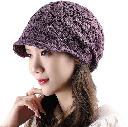 Women's Summer Cutout Crochet Hat Rhinestone Floral Slouchy Visor Brim Knit Skull Cap in Saudi Arabia