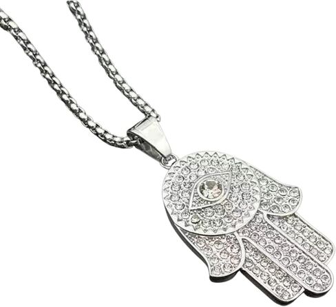BC Bella Colour Silver Plated Iced Out CZ Stainless Steel Hamsa Fatima Evil Eye Hand Fashion Pendant Necklace, Stainless Steel, No Gemstone in Kuwait