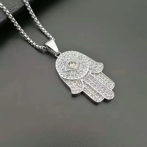 BC Bella Colour Silver Plated Iced Out CZ Stainless Steel Hamsa Fatima Evil Eye Hand Fashion Pendant Necklace, Stainless Steel, No Gemstone in Kuwait