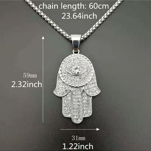 BC Bella Colour Silver Plated Iced Out CZ Stainless Steel Hamsa Fatima Evil Eye Hand Fashion Pendant Necklace, Stainless Steel, No Gemstone in Kuwait