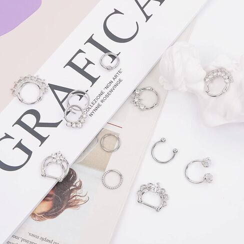 FLYEMMET Hypoallergenic Nose Rings 20G 18G 16G 316l Surgical Steel Septum Jewelry Hinged Segment Ring Body Piercing Nose Hoop Lip Rings Nose Helix Cartilage Rook Earrings in Kuwait