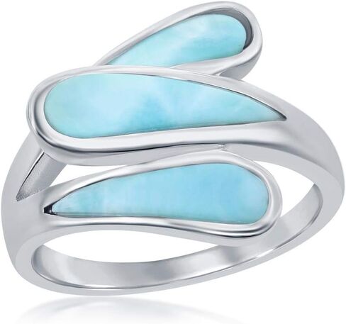 Triple Bypass Design Natural Larimar Gemstone Pear-Shaped Ring Sterling Silver Jewelry for Women or Teens in Saudi Arabia