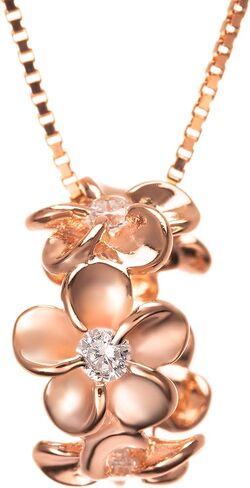 925 Sterling 14K Gold Plated Silver Cubic Zirconia Hawaiian Plumeria Flower Lei Barrel Necklace Pendant with 18" Box Chain, Nickel Free Hypoallergenic for Sensitive Skin, Gift Box Included in Kuwait