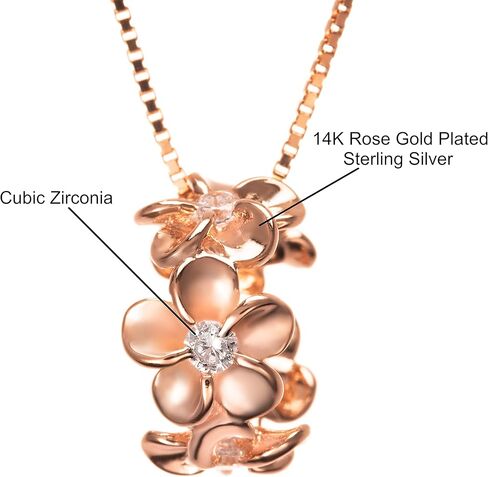 925 Sterling 14K Gold Plated Silver Cubic Zirconia Hawaiian Plumeria Flower Lei Barrel Necklace Pendant with 18" Box Chain, Nickel Free Hypoallergenic for Sensitive Skin, Gift Box Included in Kuwait