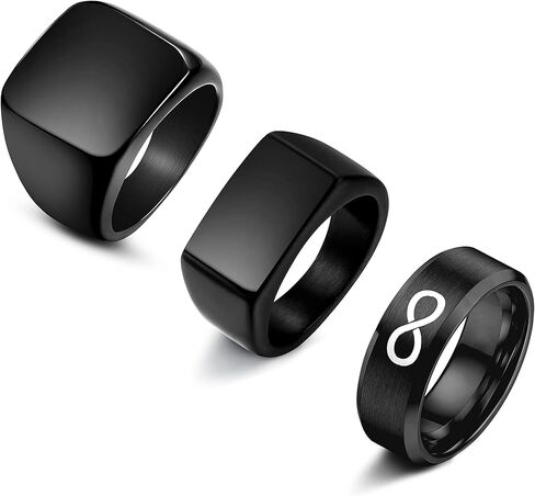 FINREZIO 3PCS Black Signet Ring Infinity Band Rings Set for Men Stainless Steel Glossy Matte Finish Beveled Polished Edge Comfort Fit Husband Father Gift Size 6-14 in Kuwait