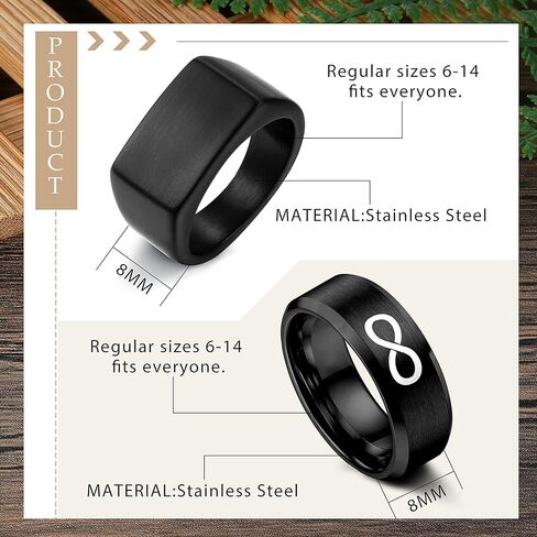 FINREZIO 3PCS Black Signet Ring Infinity Band Rings Set for Men Stainless Steel Glossy Matte Finish Beveled Polished Edge Comfort Fit Husband Father Gift Size 6-14 in Kuwait