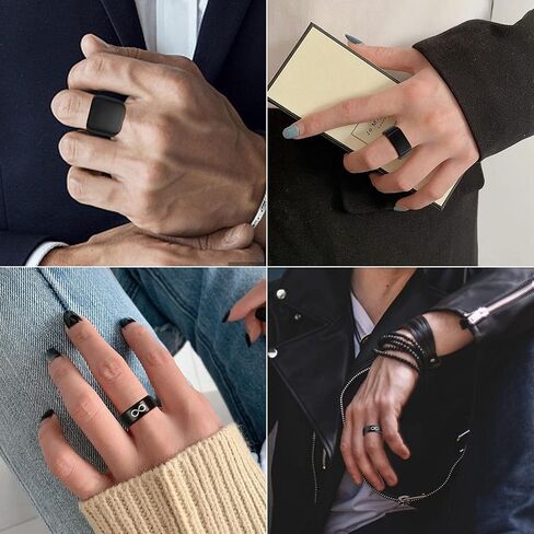 FINREZIO 3PCS Black Signet Ring Infinity Band Rings Set for Men Stainless Steel Glossy Matte Finish Beveled Polished Edge Comfort Fit Husband Father Gift Size 6-14 in Kuwait
