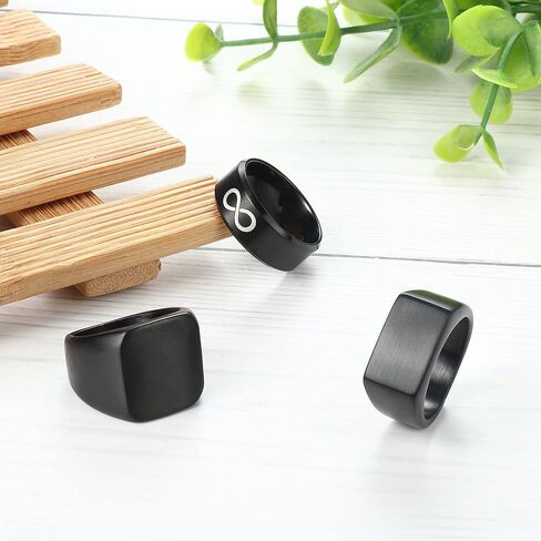 FINREZIO 3PCS Black Signet Ring Infinity Band Rings Set for Men Stainless Steel Glossy Matte Finish Beveled Polished Edge Comfort Fit Husband Father Gift Size 6-14 in Kuwait