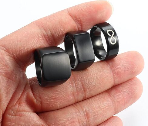 FINREZIO 3PCS Black Signet Ring Infinity Band Rings Set for Men Stainless Steel Glossy Matte Finish Beveled Polished Edge Comfort Fit Husband Father Gift Size 6-14 in Kuwait