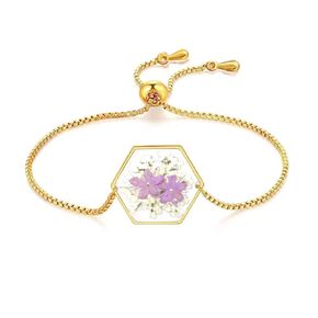 Handmade Pressed Flower Bracelet Cute Resin Bracelets Jewelry Adjustable Dried Flower Gold Bracelet for Women Purple (Sandalwood)