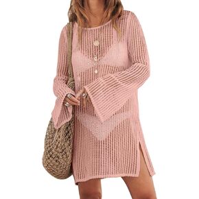 ANRABESS Women's Swimsuit Coverup Summer Long Sleeve Crochet Mini Knit Side Split Swim Bathing Suit Swimwear Beach Dress