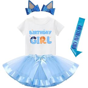Birthday Girl Outfit - T-Shirt, Blue Ears, Tutu Dress, Satin Sash – Gifts for Girls Birthday Party
