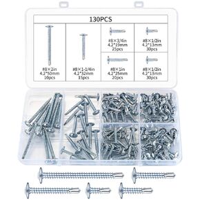 qxayxa 130 Pcs #8 Phillips Self-Drilling Screws Assortment Kit, Self Tapping Screws for Sheet Metal Screws, Galvanized Modified Truss Head Screws for Metal Wood Plastic, 1", 3/4", 1/2", 2", 1-1/4"