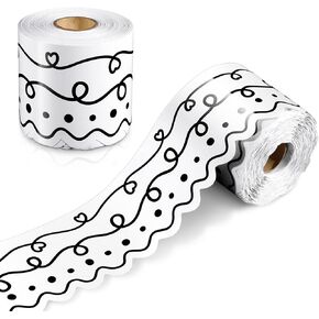 69 ft Scalloped White Classroom Borders Squiggles and Dots Board Borders White Black Dotted Swirl Paper Rolled Teachers Die Cut Trimmer Border for Bulletin Board Classroom Chalkboard Wall Decor
