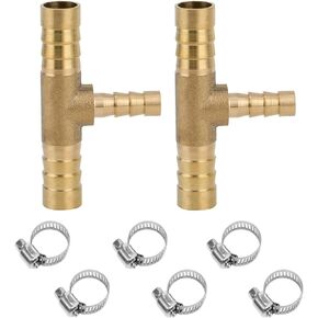 Closmos 2pcs Brass Hose Barb Reducer Tee Reducing T-fitting, 3/4" Barbed x 1/2" Barbed x 3/4" Barbed 3 Ways Connector with 6pcs Hose Clamp