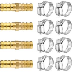 4 Pcs 3/8"(10mm) Hose Repair Kit Brass Air Hose Connectors Air Hose Repair Kit Pressure Washer Hose Repair Kit Air Hose Fittings with 8 Pcs Stainless Steel Pipe Clamps for Water/Fuel/Air