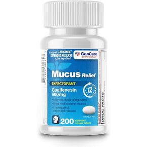GenCare - Mucus Relief Guaifenesin 600mg (200 Tablets) Mucus Relief Expectorant for Congestion & Cough - Extended Release Tablets for Immediate & Lasting Relief