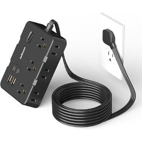 Flat Plug Power Strip Surge Protector, 5ft Ultra Thin Extension Cord with 4 USB Wall Charger(2 USB C Port), 6 Widely-Spaced Outlets Power Strip Compact for Travel, Office, Dorm Room Essentials (Black)