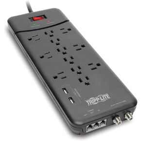 Tripp Lite TLP1208TELTV 12 Outlet Surge Protector Power Strip, 8ft Cord, Right-Angle Plug, Tel/Modem/Coax Protection, RJ11, & Dollar 150,000 Insurance Black