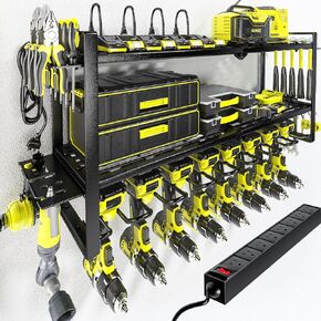 KAFAHOM Power Tool Organizer with Charging Station. 8 Drill Holder 3 Layers Tool Storage Shelf Wall Mount Built in 8 Outlet Power Strip.Tool Battery Holder with Screwdriver/Hammer/Air Tool Rack