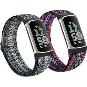 2 Pack Elastic Nylon Bands Compatible with Fitbit Charge 6 / Fitbit Charge 5, Classic Soft Breathable Adjustable Sport Smartwatch Replacement Wristband for Women Men