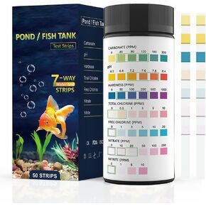 QNCIGER 7-in-1 Aquarium Test Strips - 50 Strips Fish Tank and Pond Water Quality Test Kit for Carbonate, pH, Hardness, Chlorine, Alkalinity, Nitrite and Nitrate - Freshwater and Saltwater Testing