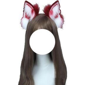 TTYAO REII Fox Wolf Cat Ears and Tail Set Wine Red Furry Ears Headband with Tail Animals Ears Tail for Cosplay Costume