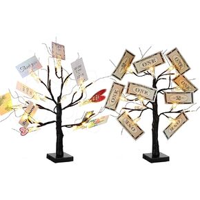 Rossesay 2 Pcs Money Tree Gift Holder Lighted Birch Tree with 24 Clips and 48 LEDs Display Twig Gift Card Tree for Home Birthday Wedding Present Christmas Graduation Photo Memo(Black)